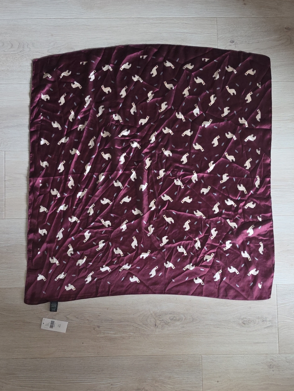 Anthropologie Burgundy and Cream Square Silk Scarf With Llama Print